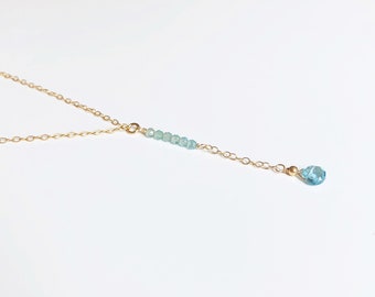 Petite Aquamarine Necklace, Y Chain with Aquamarine Pendant, March Birthstone, Jewelry Gifts for Women