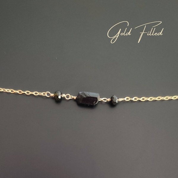Raw black tourmaline bracelet with obsidian, 14k Gold Filled Bracelet with raw crystal, Boho bracelet for her