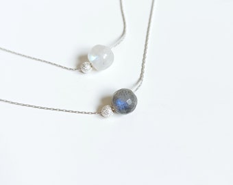 Labradorite or moonstone ball necklace, 925 sterling silver chain with small pearl