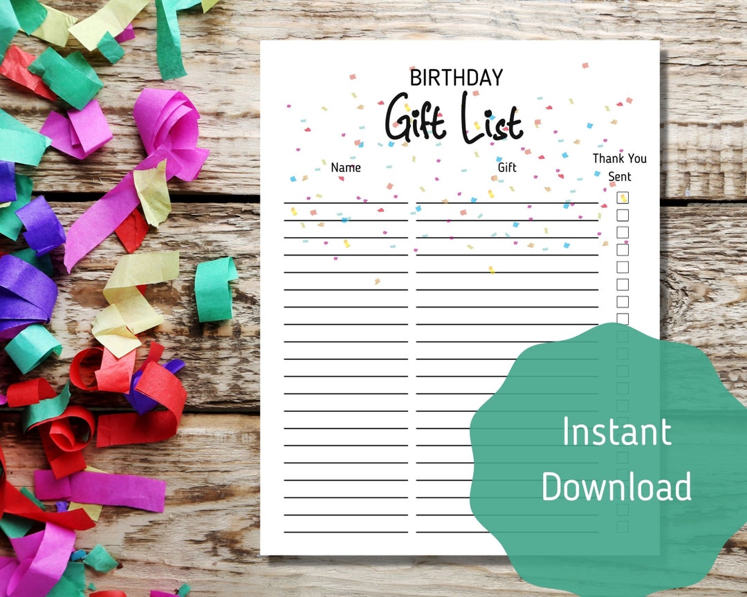 Birthday Gift List, Printable Gift List Etsy