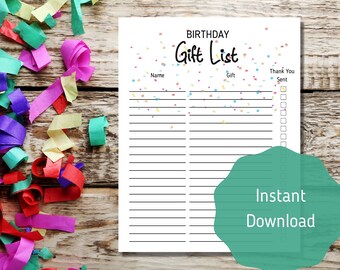 Birthday Gift List, Printable Gift List