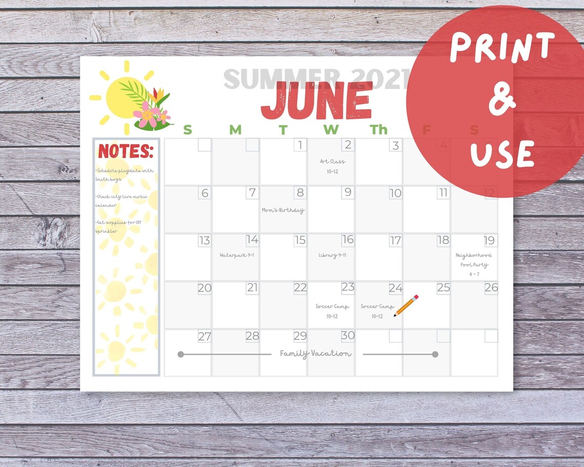 Summer Calendar Printable Etsy