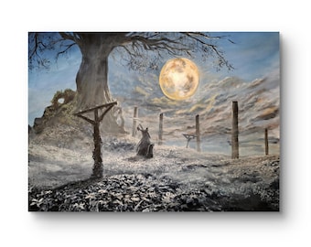 Könnte beinhalten: Ein Gemälde, das eine Kapuzenfigur zeigt, die in einer nebligen Landschaft mit einem großen, vollen Mond im Hintergrund steht. Die Figur hält eine Waffe und ist von hohen Holzpfosten umgeben.