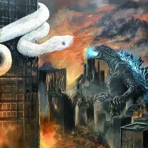 Godzilla vs White Snake | Signierter Druck