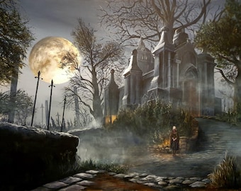 Könnte beinhalten: Ein gotisches Gemälde zeigt einen Vollmond über einer nebligen Landschaft. Ein Steingebäude mit Bogenfenstern und einem Weg, der dorthin führt, ist zu sehen. Eine Figur geht den Weg entlang, mit Bäumen und Schwertern im Vordergrund.