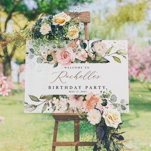 Letrero de bienvenida para fiesta de cumpleaños / Floral, rosas, dorado, verde / Plantilla de letrero de bienvenida para fiesta / Cumpleaños, póster, pancarta ARCHIVO DIGITAL solamente