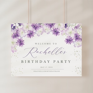 Letrero de bienvenida para fiesta de cumpleaños, diseño floral con hojas moradas. Plantilla de letrero de bienvenida para cualquier celebración de fiesta. Diseño floral, póster, pancarta. ARCHIVO DIGITAL ELLIE