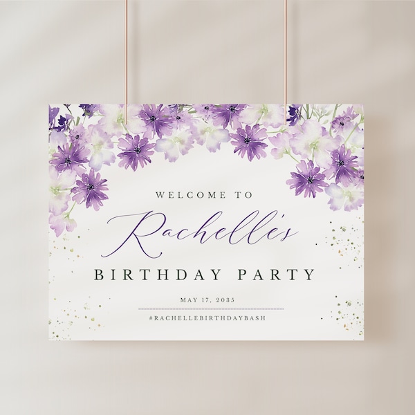 Birthday Party Welcome Sign, Purple Leaves Floral | Any Party Celebration Welcome Sign Template | Floral, Poster, Banner DIGITAL FILE  ELLIE