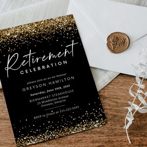 Ruhestand Party Einladung Vorlage, Gold Sparkles & Schwarz | Ausdruckbare Einladungskarte zum Ausdrucken