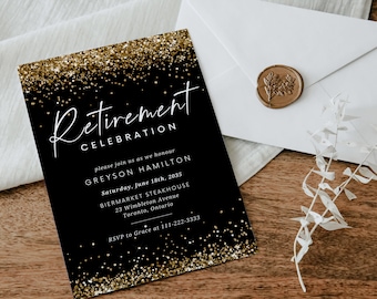 Retirement Party Invitation Template, Gold Sparkles & Black | Printable Modern, Minimal, Surprise party,  Smartphone Invite - DIY Evite