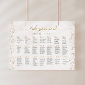 Wedding Seating Chart Template, Landscape 21 Tables Printable Seating Plan, Party Decoration, White Gold Floral, Digital File CLAIRE