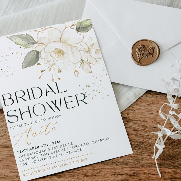 Bridal Shower Invite Template, Gold Beige Cream Floral, Gold Flakes, Party Decor, Banner, Editable, Shower Games, 5 x 7 in DIY SAGE