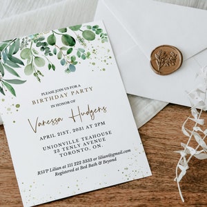 Greenery Birthday Party Invitation Template - Printable Watercolor Eucalyptus Greenery Sweet 16 Party Invite - DIY Editable Invite AVERY