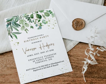 Greenery Birthday Party Invitation Template - Printable Watercolor Eucalyptus Greenery Sweet 16 Party Invite - DIY Editable Invite AVERY