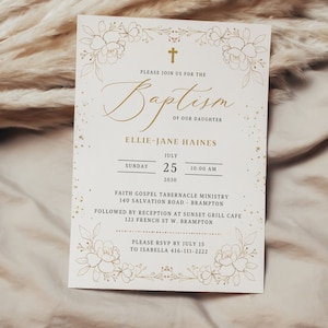 Editable Baptism Invitation Template, Printable Floral & Gold Christening Template, Watercolor, Instant Download, Boy, Girl CLAIRE