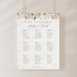 Sitzplan Vorlage, Hochzeit, Verlobung, Braut, Blush Blumen & Grün, Garten, druckbare Sitzplan, Party Dekoration, digitale Datei
