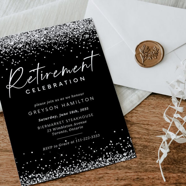 Retirement Party Invitation Template, Silver Sparkles & Black | Printable Modern, Minimal, Surprise party, Smartphone Invite - DIY Evite