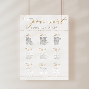 Plantilla de plano de asientos para bodas, plano de asientos imprimible, letras doradas, decoración de fiesta simple, minimalista y moderna, archivo digital SOLO EMELIA