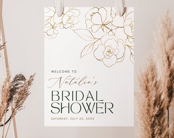 Bridal Shower Welcome Sign, Gold Leaves Floral | Wedding Shower Template | Bridal Shower Floral, Poster, Banner DIGITAL FILE CLAIRE, Canva