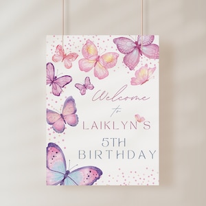 Butterfly Birthday Welcome Sign, Purple, Pink, Sparkles Template, Any Birthday Party Decorations, Girls, Princess, one, DIGITAL FILE ONLY