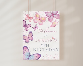 Butterfly Birthday Party Welcome Sign, Purple, Pink, Sparkles Template, Any Birthday Poster Decor, Girls, Princess, one, DIGITAL FILE ONLY