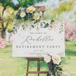 White Roses & Gold Retirement Party Welcome Sign, Printable Greenery, Faux Gold Foil, Party Decorations, Digital file only, Diy, Template