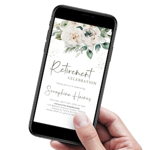 Watercolor White Roses Retirement Party Electronic Template, Printable Greenery Floral Surprise Party, retiring, Smartphone Invite - DIY