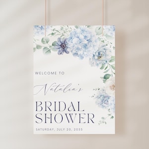 Cartello di benvenuto per la festa nuziale con fiori blu e bianchi, giardino, modello stampabile, decorazioni per feste, verde, FILE DIGITALE, striscione per feste V2