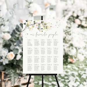 Sitzplan Vorlage für Sitzplan, Sitzplan für Sitzplan, Hochzeit, Braut, weißes Blumengrün, Partydekoration, digitale Datei für bis zu 20 Tische