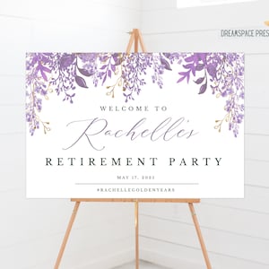 Panneau de bienvenue pour l'anniversaire de la retraite, imprimable pourpre, verdure violette, fausse feuille d'or, décorations de fête, fichier numérique, bricolage, modèle ELLIE