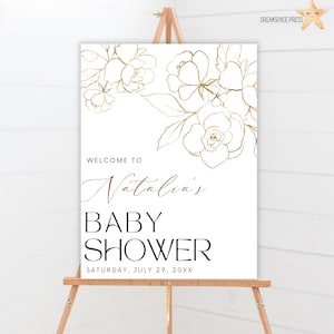 Babyparty Dekoration Gold Blätter Blumen | Baby Shower Willkommen Schild Vorlage | Baby Shower Decor Floral, Poster, Banner DIGITALE DATEI CLAIRE