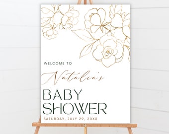 Baby Shower Decoration Gold Leaves Floral | Baby Shower Welcome Sign Template | Baby Shower Decor Floral, Poster, Banner DIGITAL FILE CLAIRE