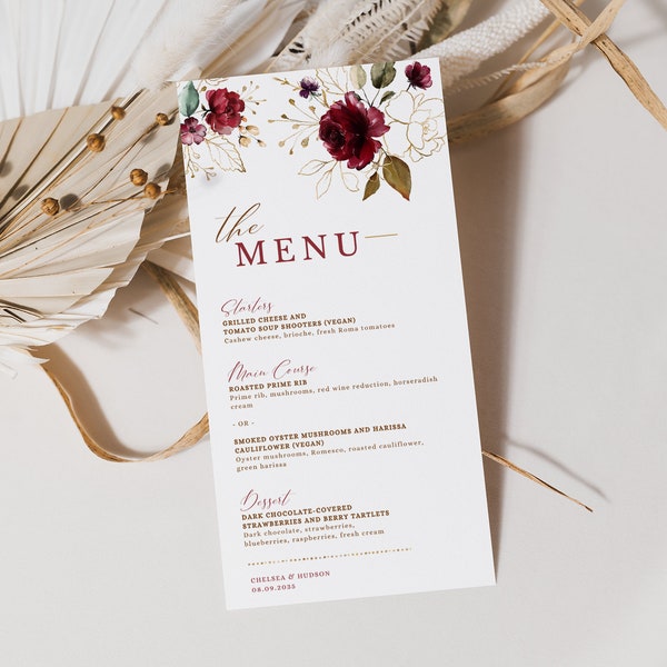 Wedding Menu Template, Gold Floral & Burgundy, Event Menu, Party Menu Design, Digital Instant Download, Editable Menu Printable, DIY