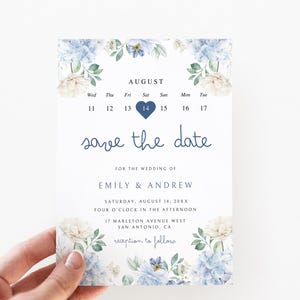 Modello di biglietto Save The Date con ortensie blu e fiori / Biglietto Save The Date per matrimonio rustico in giardino / Biglietto di invito per matrimonio / Fai da te modificabile EMELIA