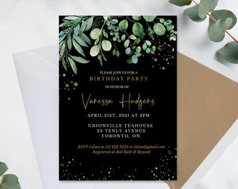 Greenery Birthday Party Invitation Template - Printable Watercolor Eucalyptus Greenery 16th, 21th, 30th, 40th Party - DIY Invite AVERY
