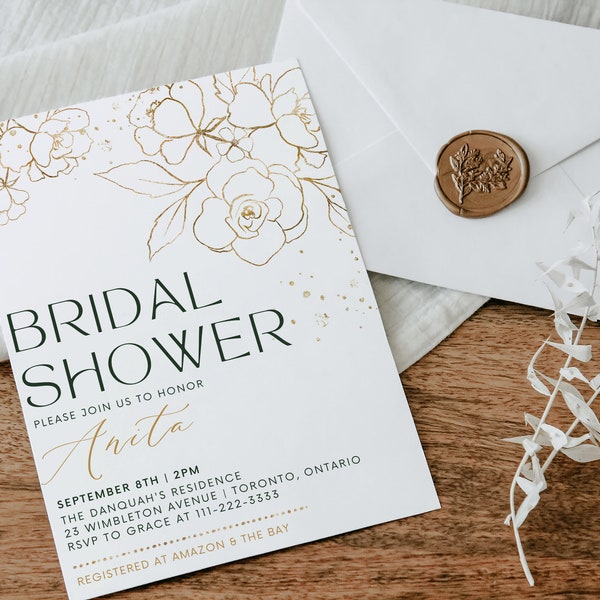 Bridal Shower Invite Template, Gold Beige Cream Floral, Gold Flakes, Party Decor, Banner, Editable, Shower Games, 5 x 7 in DIY CLAIRE