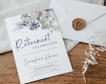 Greenery Blue Roses & Gold Retirement Party Invitation Template | Printable Watercolor leaves, Surprise party Smartphone Invite - DIY Evite