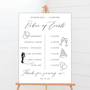 ミニマリストの結婚式のイベント順序タイムラインサインテンプレート | イベント順序の結婚式のタイムラインサイン | 印刷可能なタイムライン | DIY デコレーション EMELIA