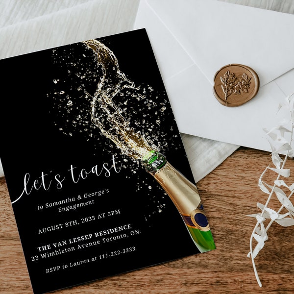 Engagement Party Invite Template, Champagne Let's Toast Editable Invitation, Black Gold evite, Instant Download, Printable, DIY 5 x 7 in