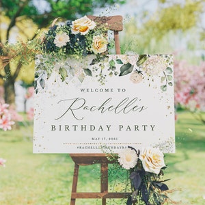 Letrero de bienvenida para fiesta de cumpleaños / Rosas blancas, dorado, vegetación / Plantilla de letrero de bienvenida para fiesta / Cartel, pancarta y flores de cumpleaños ARCHIVO DIGITAL AVA