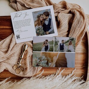 Carte de remerciement classique avec photo de mariage avec code QR, recto et verso | Mariage minimaliste moderne, carte de remerciement | Modèle modifiable V2 EMELIA
