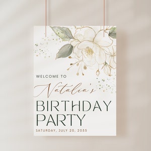 Letrero de bienvenida para fiesta de cumpleaños, hojas doradas con motivos florales. Plantilla de letrero de bienvenida para cualquier celebración de fiesta. Floral, póster, pancarta. ARCHIVO DIGITAL solamente.