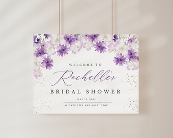 Bridal Shower Welcome Sign |  Purple Lavender Floral, Shower Games, Editable Template, Party decorations, Poster, Banner DIGITAL FILE