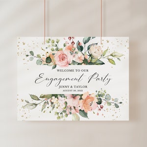 Plantilla de letrero de bienvenida para compromiso / Celebración de compromiso con flores y vegetación / Letrero de bienvenida para fiesta de compromiso con rosas / Plantilla editable