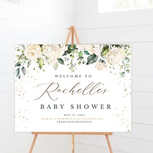 Willkommensschild für Babyparty mit weißen Rosen | , Grün, Gold | Party Willkommen Schild Vorlage | Baby Shower Floral, Poster, Banner DIGITALE DATEI AVA