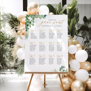 LE JARDIN | Sitzplan Vorlage, druckbarer Sitzplan, bearbeitbares Zeichen Eukalyptus, Greenery Garten, Party Dekor, digitale Datei, CANVA