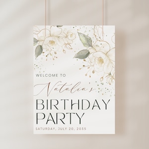 Letrero de bienvenida para fiesta de cumpleaños, hojas doradas con motivos florales. Plantilla de letrero de bienvenida para cualquier celebración de fiesta. Floral, póster, pancarta. ARCHIVO DIGITAL SAGE