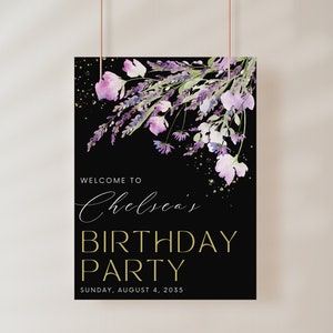 Letrero de bienvenida para fiesta de cumpleaños, diseño floral con hojas moradas. Plantilla de letrero de bienvenida para cualquier celebración de fiesta. Diseño floral, póster, pancarta. ARCHIVO DIGITAL ELLIE