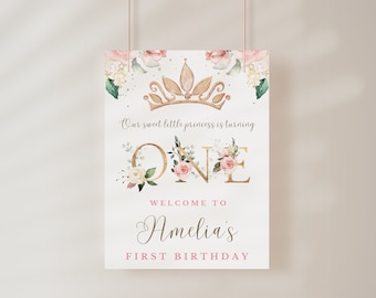 Modello di cartello di benvenuto per compleanno / Poster di benvenuto stampabile e modificabile / Primo compleanno della principessa / Decorazione per festa in stile boho floreale rosa cipria per ragazze
