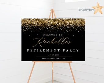 Gold Sparkles Retirement Party Welcome Sign, Printable Watercolor, Faux Gold Foil, Party Decorations, DIGITAL FILE ONLY, Diy, Template
